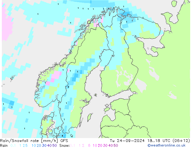 Rain/Snowfall rate GFS Tu 24.09.2024 18 UTC