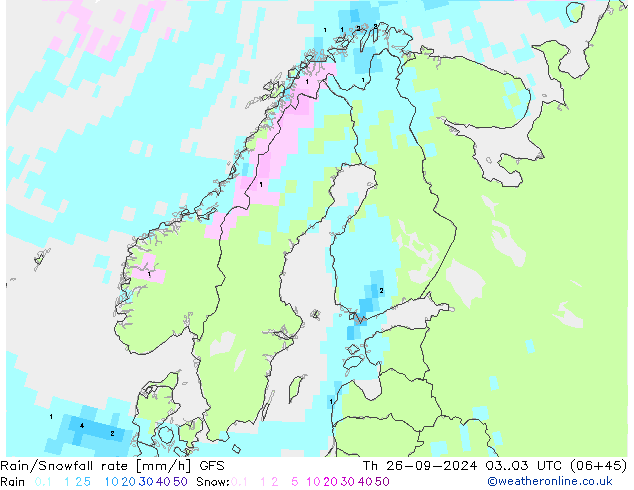 Rain/Snowfall rate GFS gio 26.09.2024 03 UTC