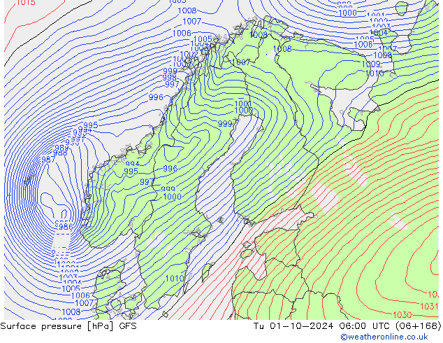 Surface pressure GFS Tu 01.10.2024 06 UTC