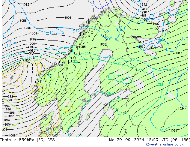 Theta-e 850hPa GFS Po 30.09.2024 18 UTC