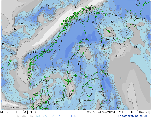 RH 700 hPa GFS Mi 25.09.2024 12 UTC