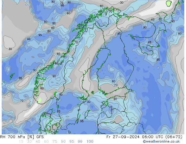 RH 700 гПа GFS пт 27.09.2024 06 UTC