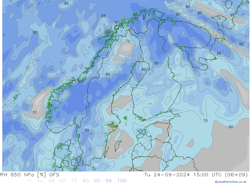 RH 850 гПа GFS вт 24.09.2024 15 UTC