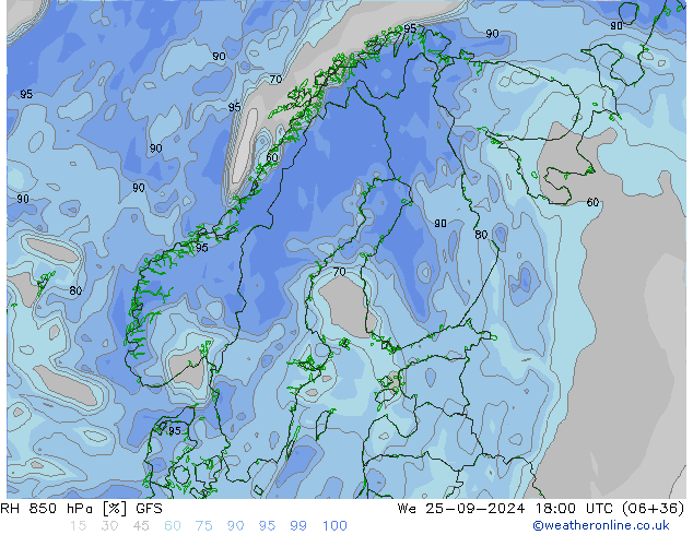 RH 850 hPa GFS Qua 25.09.2024 18 UTC