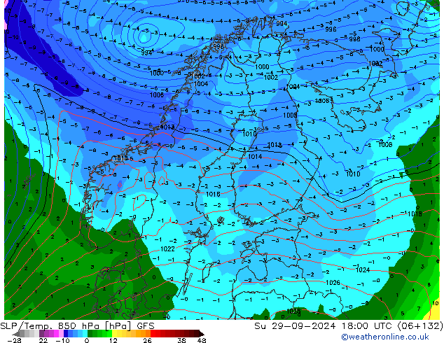 SLP/Temp. 850 hPa GFS nie. 29.09.2024 18 UTC