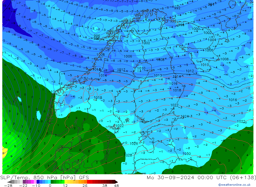 SLP/Temp. 850 hPa GFS pon. 30.09.2024 00 UTC