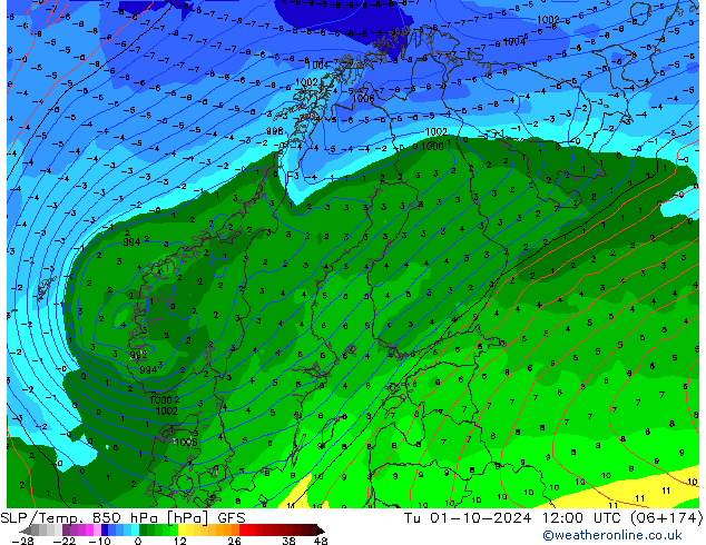 SLP/Temp. 850 hPa GFS Út 01.10.2024 12 UTC