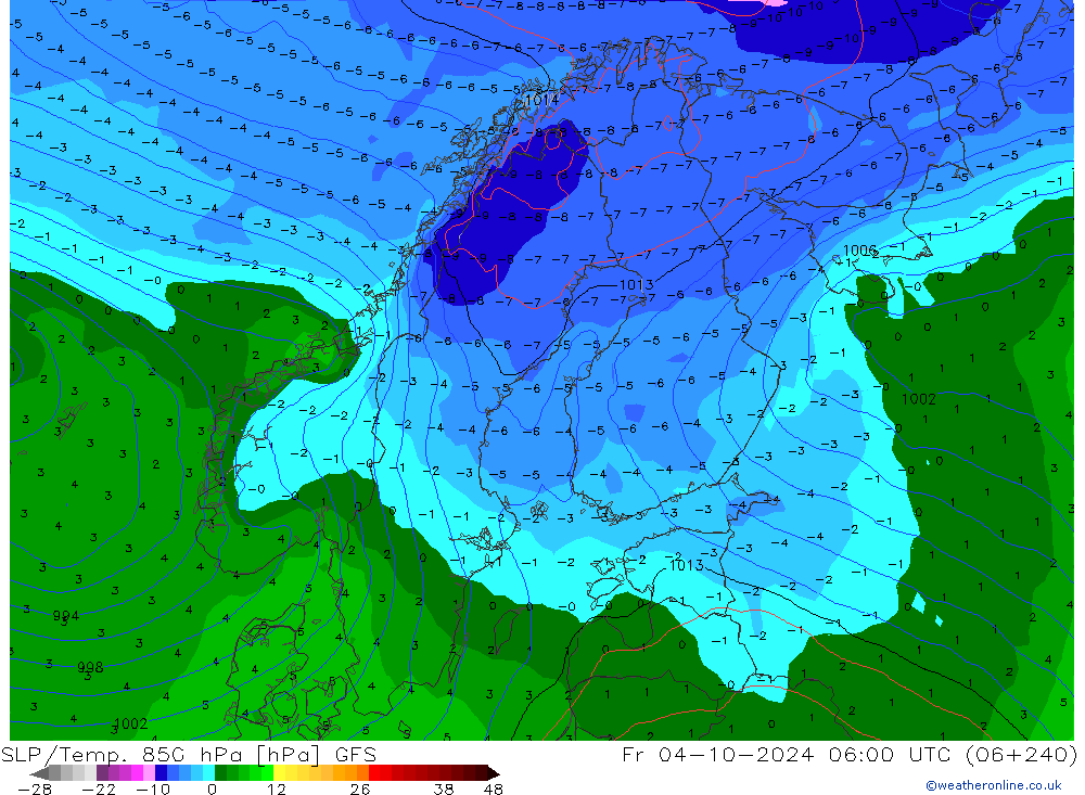 SLP/Temp. 850 hPa GFS pt. 04.10.2024 06 UTC