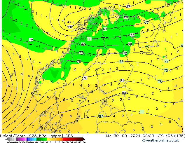 Height/Temp. 925 hPa GFS Mo 30.09.2024 00 UTC