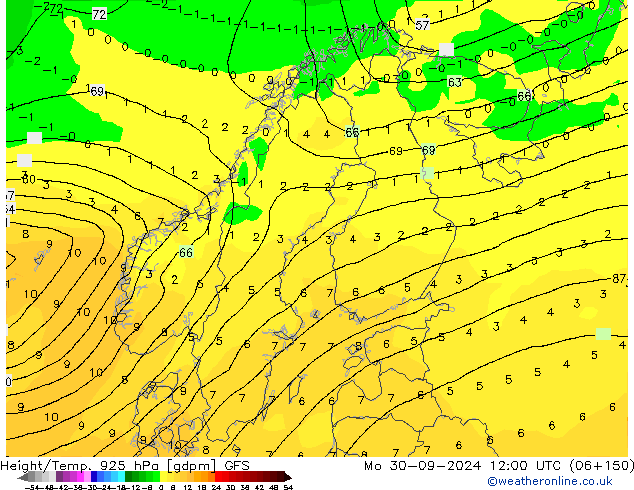 Height/Temp. 925 hPa GFS Mo 30.09.2024 12 UTC