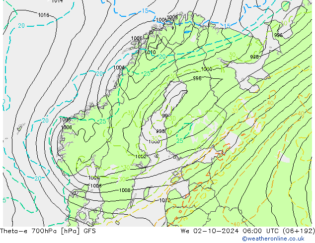 Theta-e 700hPa GFS wo 02.10.2024 06 UTC