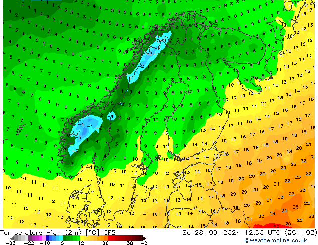 Temperature High (2m) GFS Sa 28.09.2024 12 UTC