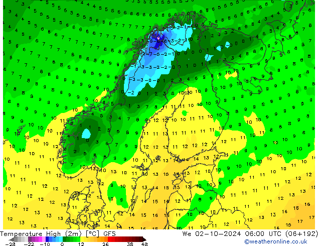 Temperature High (2m) GFS We 02.10.2024 06 UTC