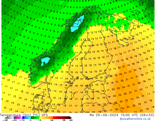 Temperatura (2m) GFS mié 25.09.2024 15 UTC