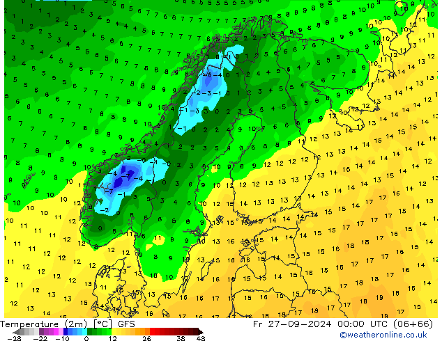 Temperature (2m) GFS Fr 27.09.2024 00 UTC