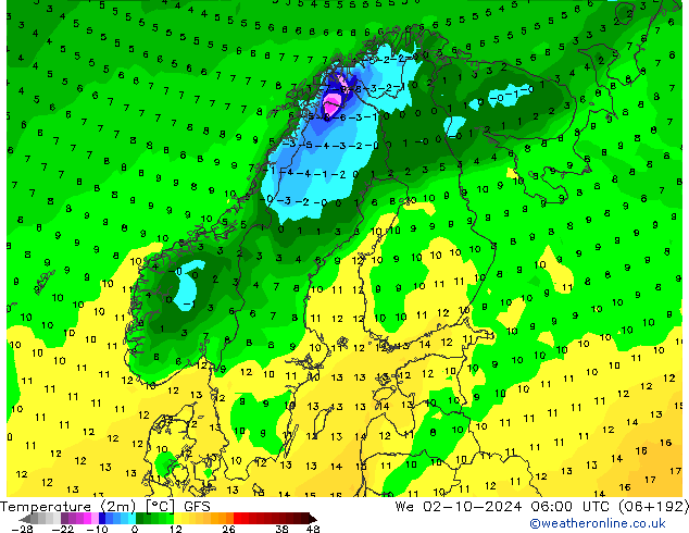 Temperature (2m) GFS We 02.10.2024 06 UTC