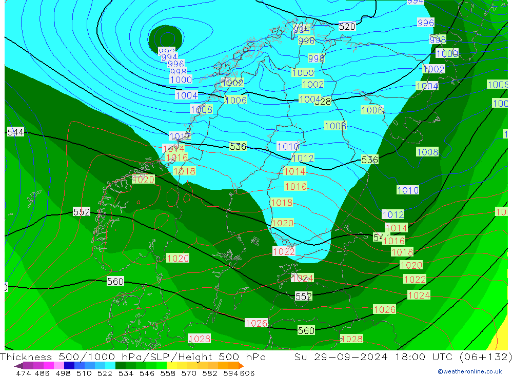 Thck 500-1000hPa GFS  29.09.2024 18 UTC