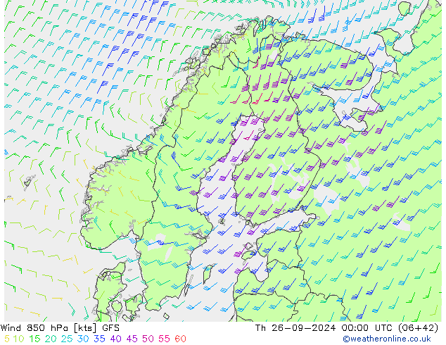 Viento 850 hPa GFS jue 26.09.2024 00 UTC