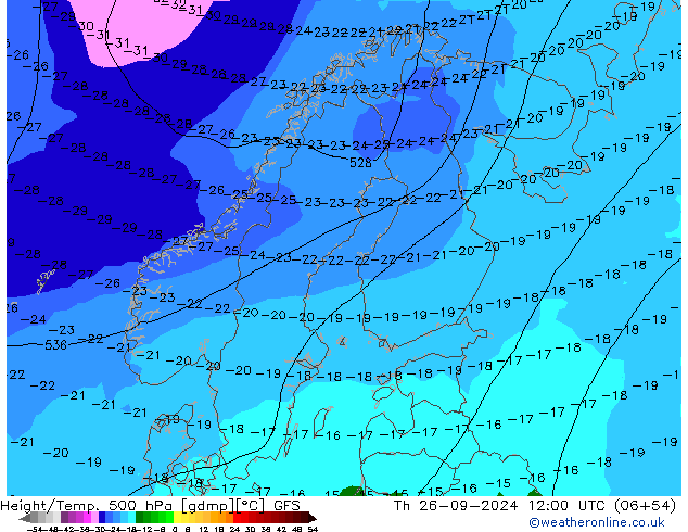 Z500/Rain (+SLP)/Z850 GFS Th 26.09.2024 12 UTC