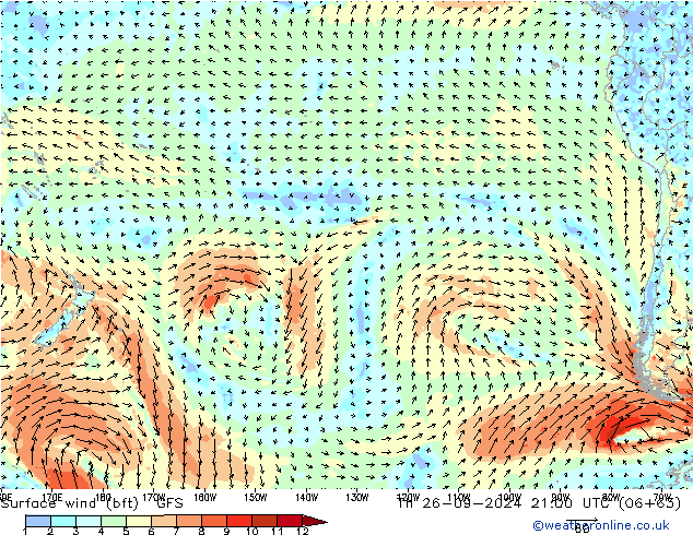 Surface wind (bft) GFS Th 26.09.2024 21 UTC