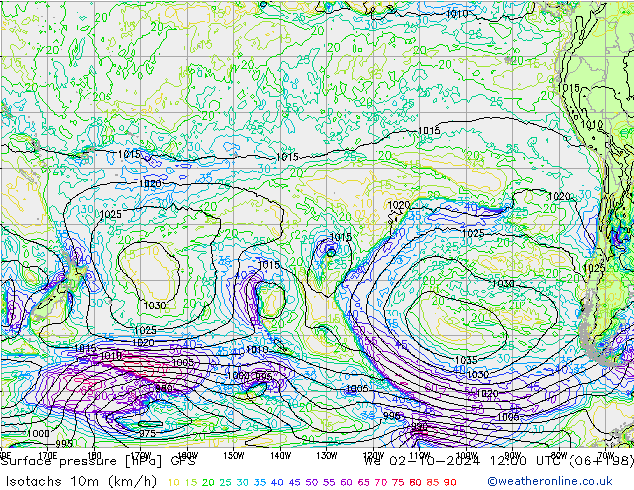 Isotaca (kph) GFS mié 02.10.2024 12 UTC