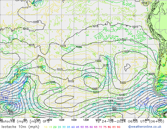 Isotachs (mph) GFS Tu 24.09.2024 06 UTC