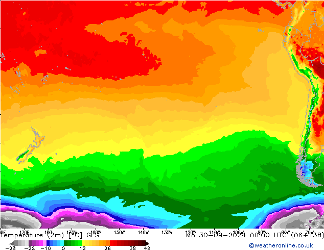 Temperatuurkaart (2m) GFS ma 30.09.2024 00 UTC