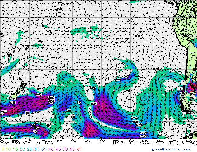 wiatr 850 hPa GFS pon. 30.09.2024 12 UTC