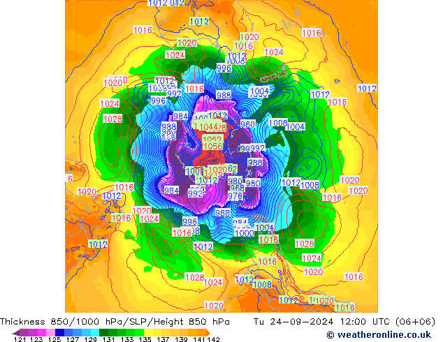 Dikte 850-1000 hPa GFS di 24.09.2024 12 UTC