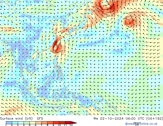 Surface wind (bft) GFS We 02.10.2024 06 UTC