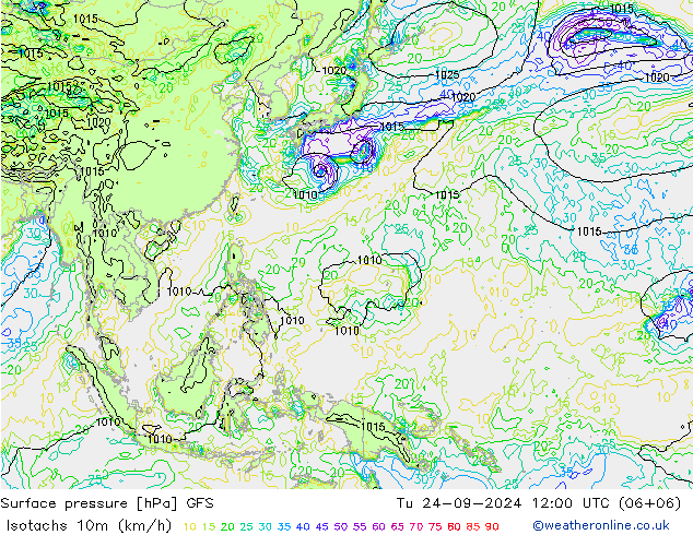 Isotachs (kph) GFS Tu 24.09.2024 12 UTC