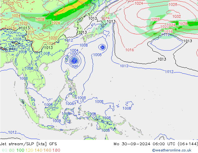 Jet stream/SLP GFS Mo 30.09.2024 06 UTC