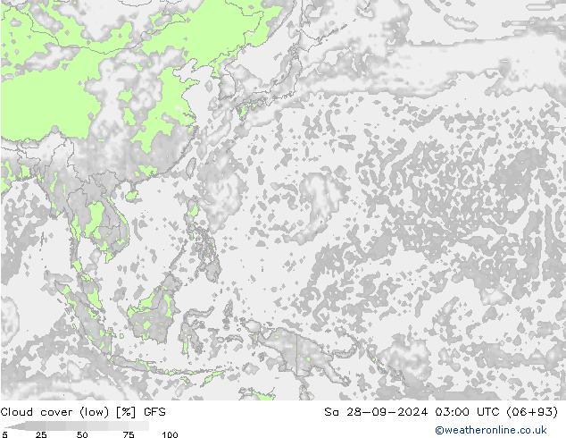 Cloud cover (low) GFS Sa 28.09.2024 03 UTC