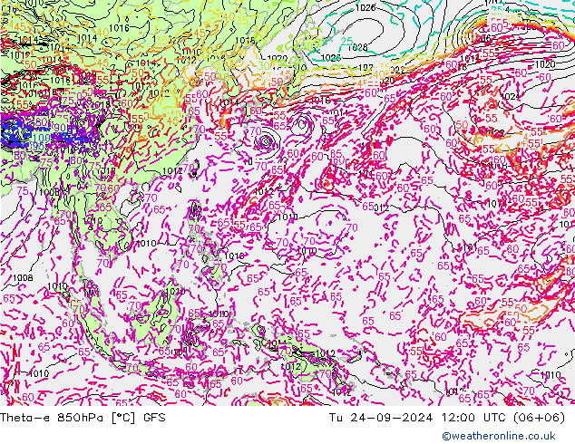 Theta-e 850hPa GFS Út 24.09.2024 12 UTC