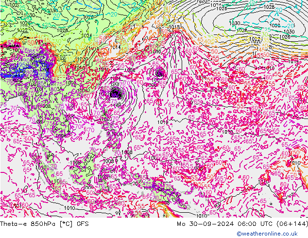 Theta-e 850hPa GFS Mo 30.09.2024 06 UTC