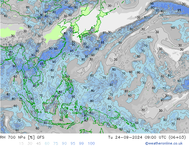 RH 700 hPa GFS Tu 24.09.2024 09 UTC