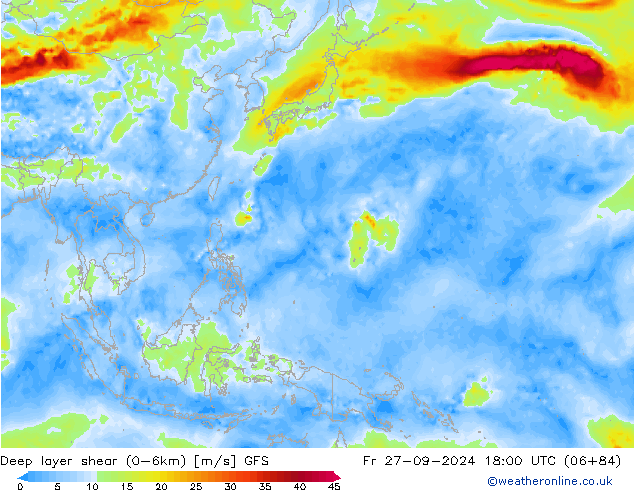 Deep layer shear (0-6km) GFS ven 27.09.2024 18 UTC