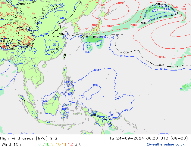 High wind areas GFS вт 24.09.2024 06 UTC