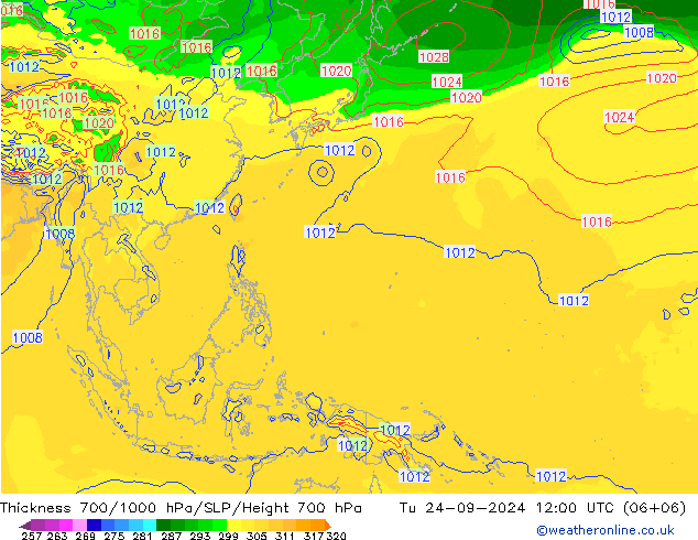 Espesor 700-1000 hPa GFS mar 24.09.2024 12 UTC