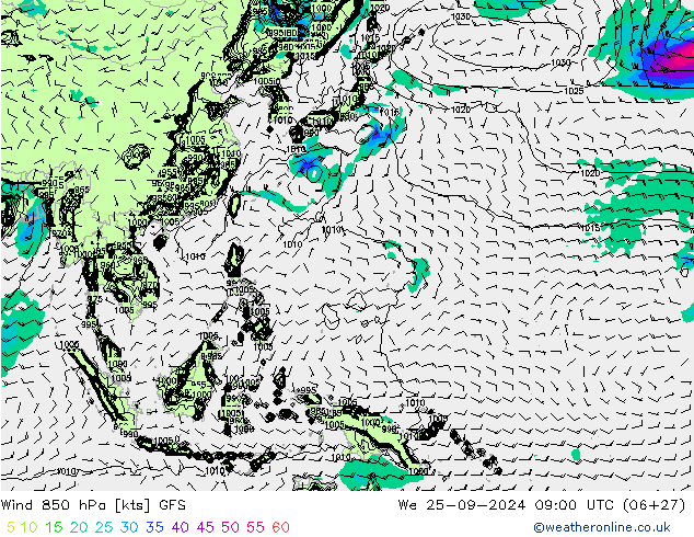 Wind 850 hPa GFS We 25.09.2024 09 UTC