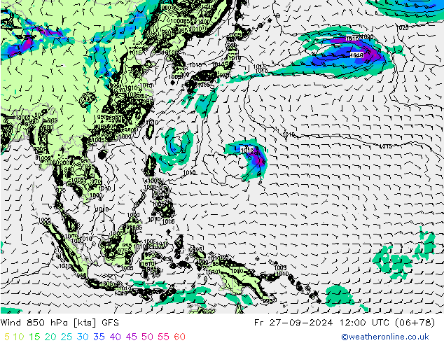 Wind 850 hPa GFS Pá 27.09.2024 12 UTC