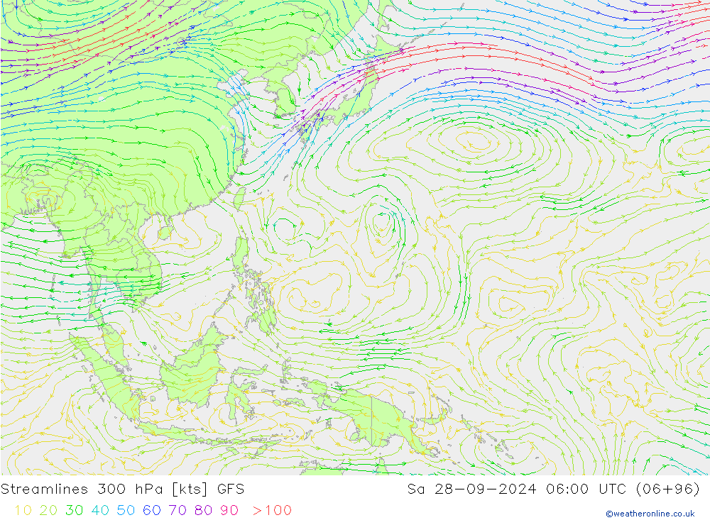 Stroomlijn 300 hPa GFS za 28.09.2024 06 UTC