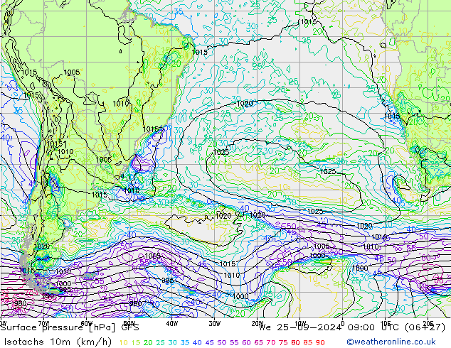 Isotachs (kph) GFS We 25.09.2024 09 UTC