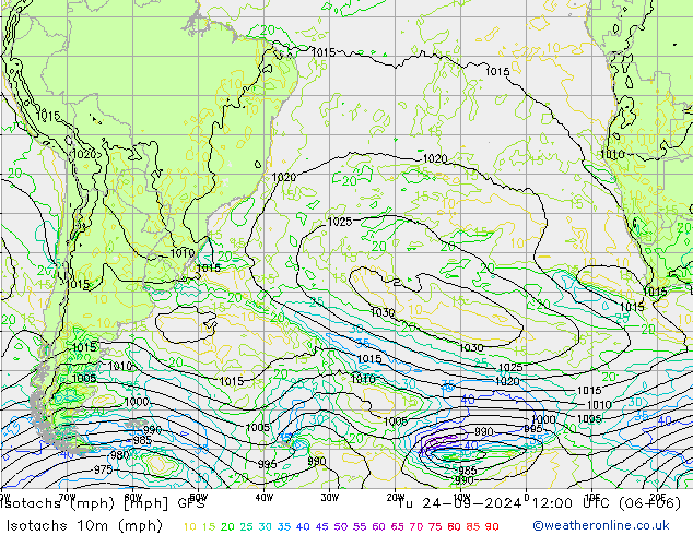 Isotachs (mph) GFS Tu 24.09.2024 12 UTC