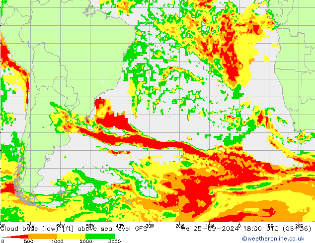 Cloud base (low) GFS śro. 25.09.2024 18 UTC