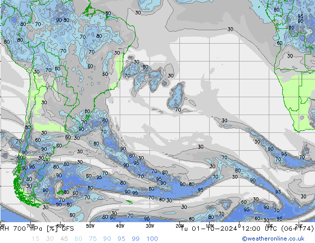 RH 700 hPa GFS wto. 01.10.2024 12 UTC