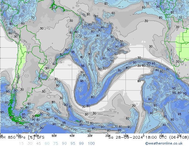 RH 850 гПа GFS сб 28.09.2024 18 UTC