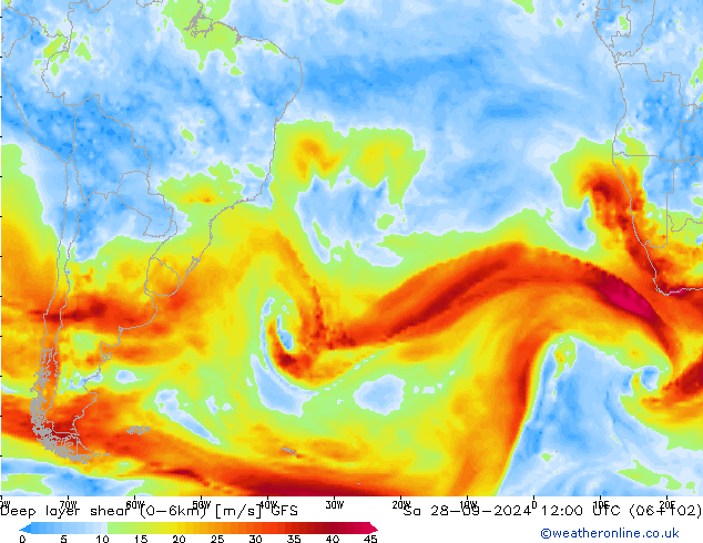 Deep layer shear (0-6km) GFS Sa 28.09.2024 12 UTC