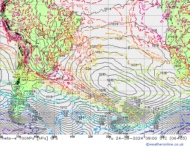 Theta-e 700hPa GFS mar 24.09.2024 09 UTC