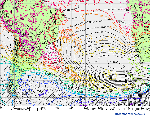 Theta-e 700hPa GFS We 02.10.2024 06 UTC